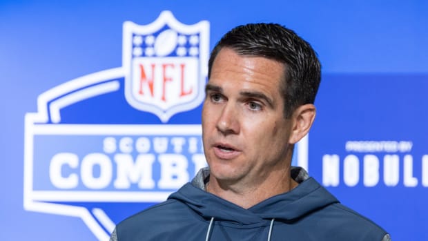 Feb 28, 2023; Indianapolis, IN, USA; New York Giants general manager Joe Schoen speaks to the press at the NFL Combine at Lucas Oil Stadium.